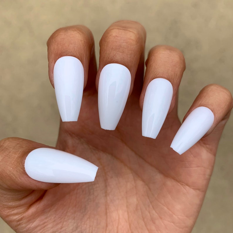 White Glossy Long Coffin Press On Nails 24 Pc Nail Set Fake Etsy