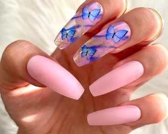 Blue Butterfly Pink Matte Long Coffin Press On Nails 24 Pc Stick On Nail Set Fake False Glue Kit - Ready To Ship