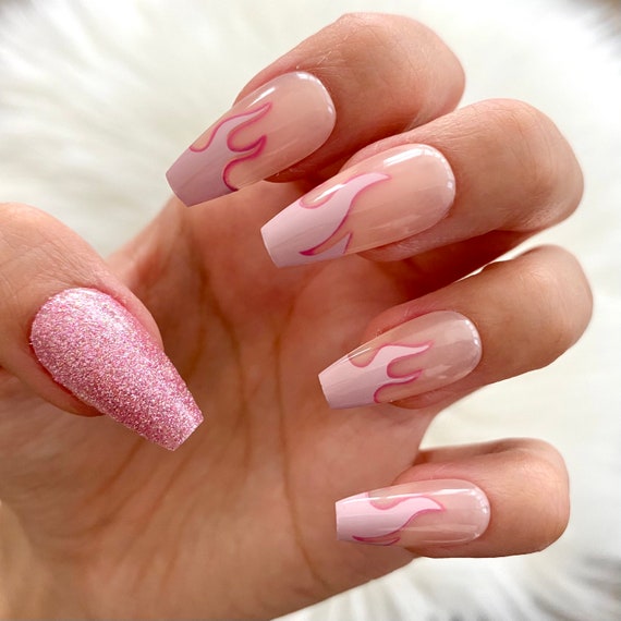 28 Pcs Flame Pink Press On Nails Coffin Mid Coffin Nails Etsy
