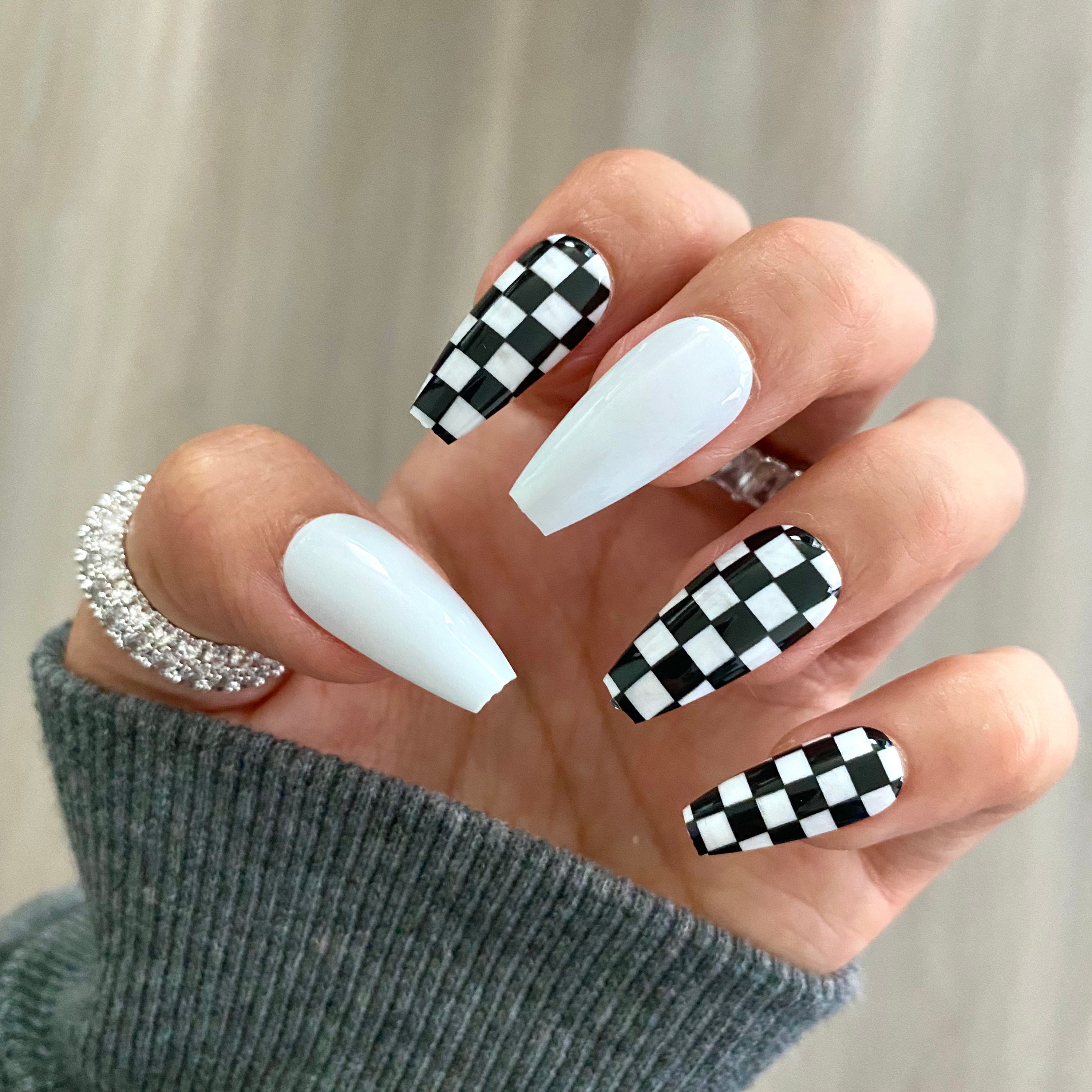 28 Pcs Black Checker Press on Nails Coffin Mid Coffin Nails - Etsy