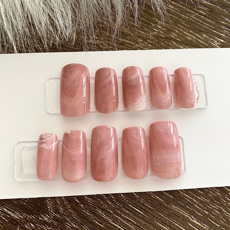 Pink Marble Medium Square Press On Nails Fake False 24 Pc Nail | Etsy
