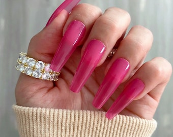 Pink Jelly - Long Coffin Press On Nails 24 Pc Nail Set Stick On Fake False Glue Kit - Ready To Ship