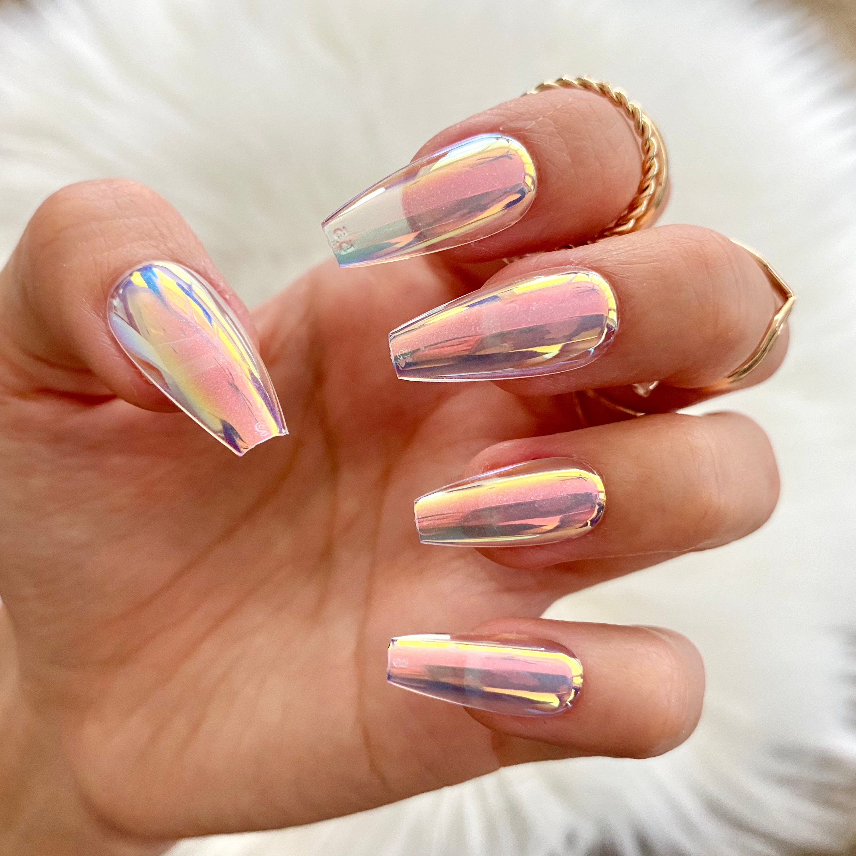 28 Pcs Clear Metallic Press on Nails Coffin Mid Coffin - Etsy