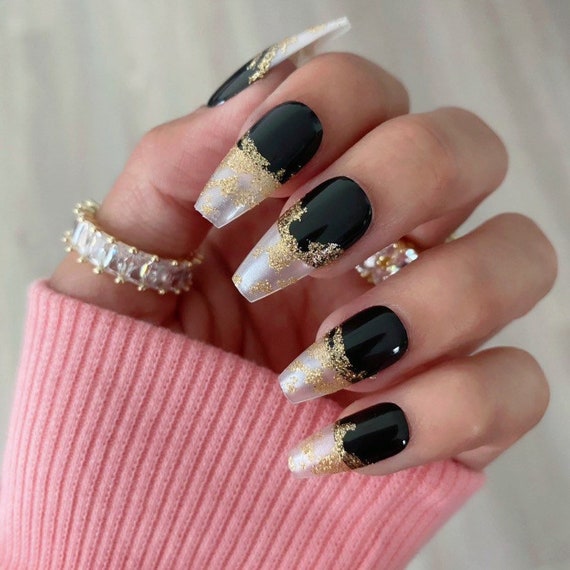 28 Pcs Gold Black Press on Nails Coffin Mid Coffin Nails Nails