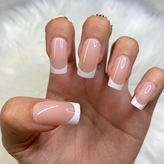 Classic French Tip Medium Square Press On Nails False Fake 24 Etsy