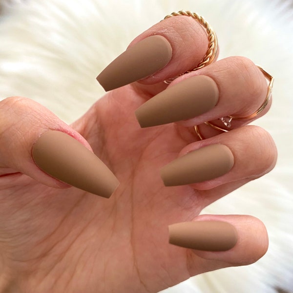 28 Pcs Brown Matte Press On Nails Coffin - Mid Coffin Nails, Nails Press On, Fake Nails, Glue On Nails, Stick On Nails, Artificial Nails