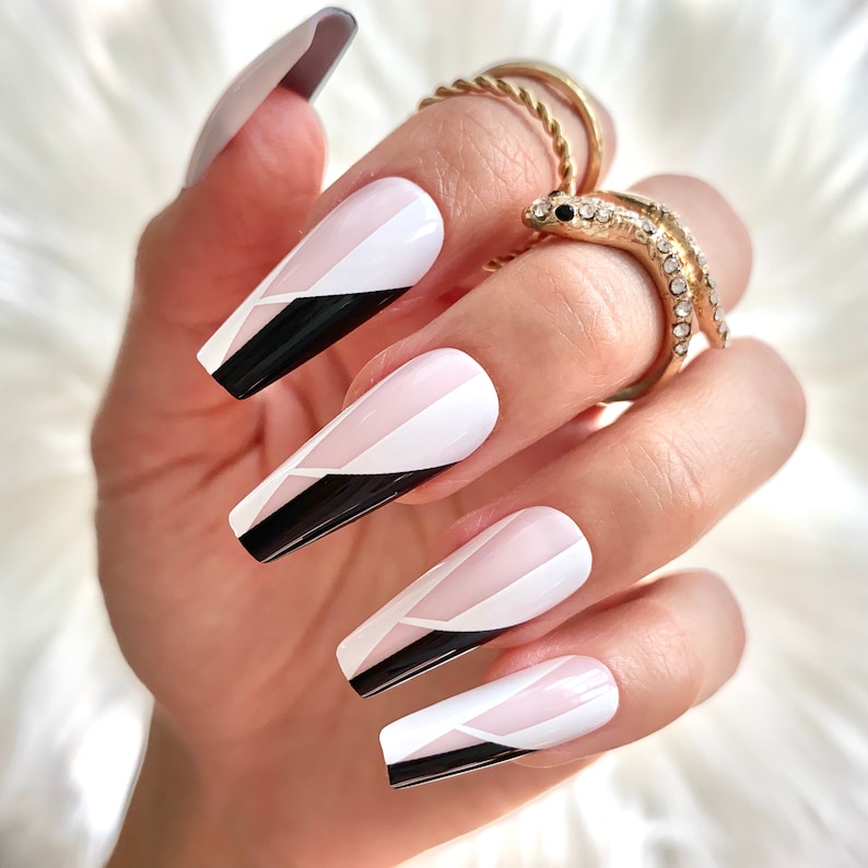 Geometric Pink, White, and Black Coffin Nails