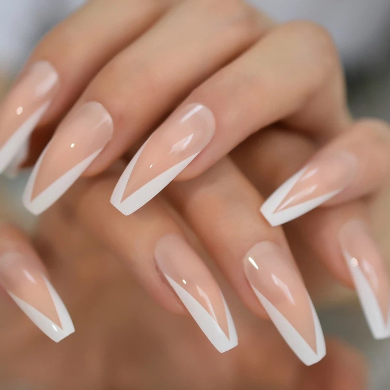 French White VShape Long Coffin Press On Nails Fake False 24 Etsy