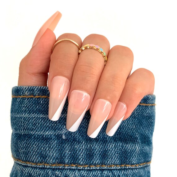 28 Pcs White French Press on Nails Coffin Mid Coffin Nails Nails