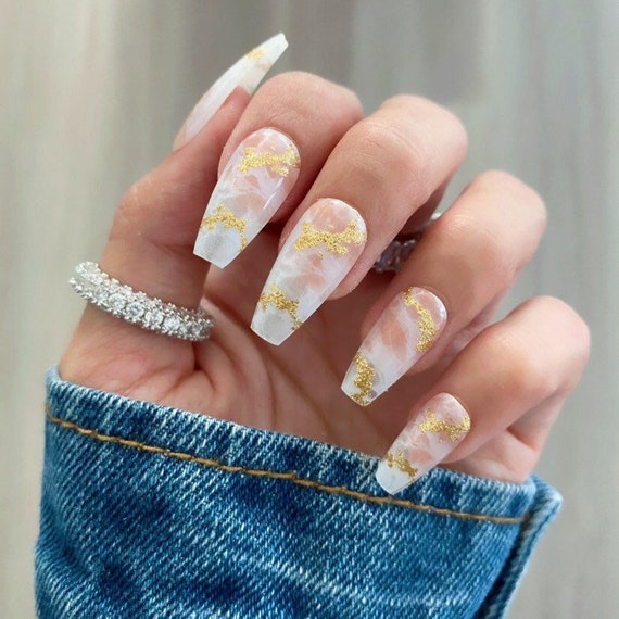 White Marble Nails Gold Flakes Fake Nails Glue on Nails Press on Nails 