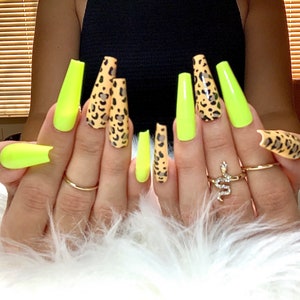 Neon Green Leopard Long Coffin Press On Nails 20 Pc Nail Set Fake False Glue On - Ready To Ship - Gift For Her