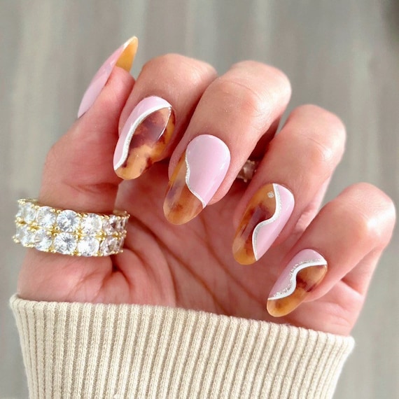 Tortoise Pink Waves Oval Nails Press on Nails Nail Designs Fake Nails Glue on Nails Stick on Nails Nails With Designs Etsy UK