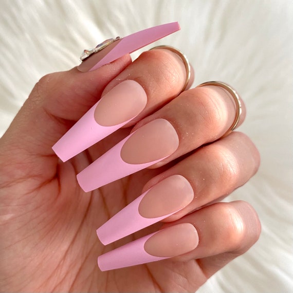 Pink French Tips Press On Nails Medium Coffin – NOUMAY LIMITED