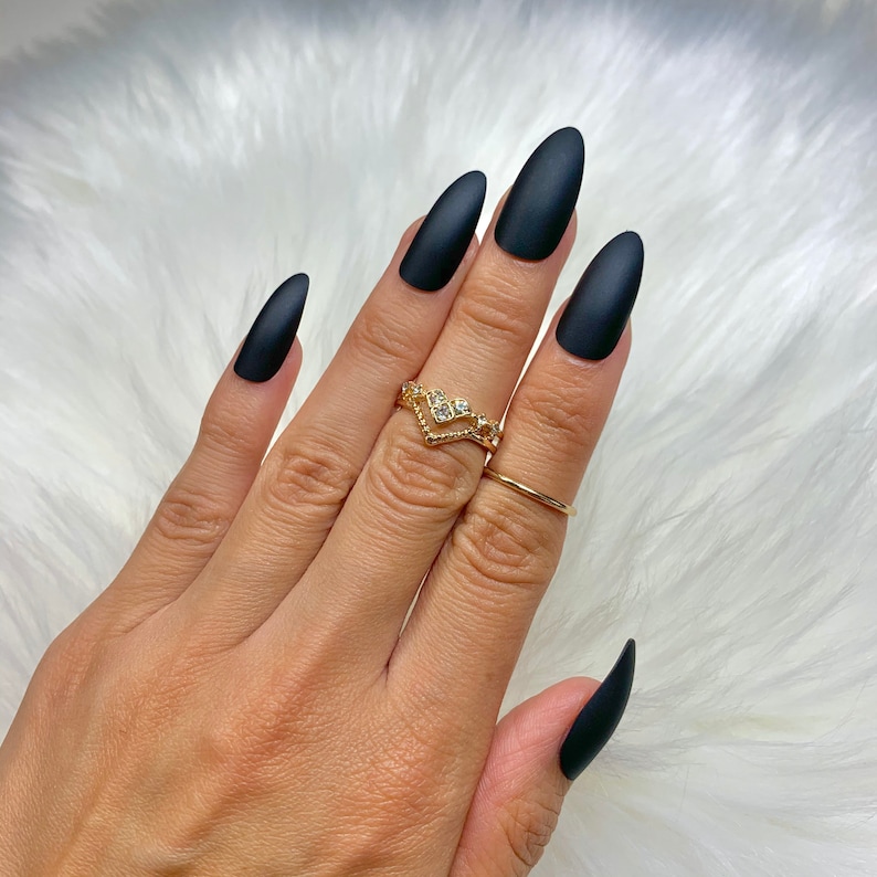 Black Matte Medium Almond Press On Nails Fake False 24 Pc Nail | Etsy