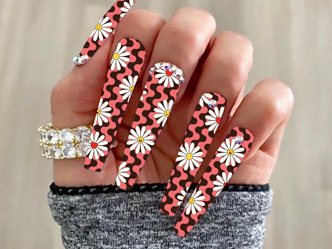 Pink Swirl Flower / Coffin Nails / Press on Nails / Nail Etsy