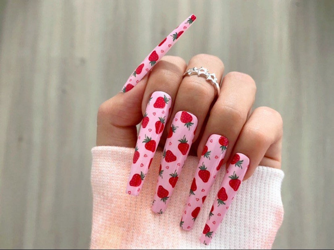 Strawberry Pink / Coffin Nails / Press on Nails / Nail Designs Etsy
