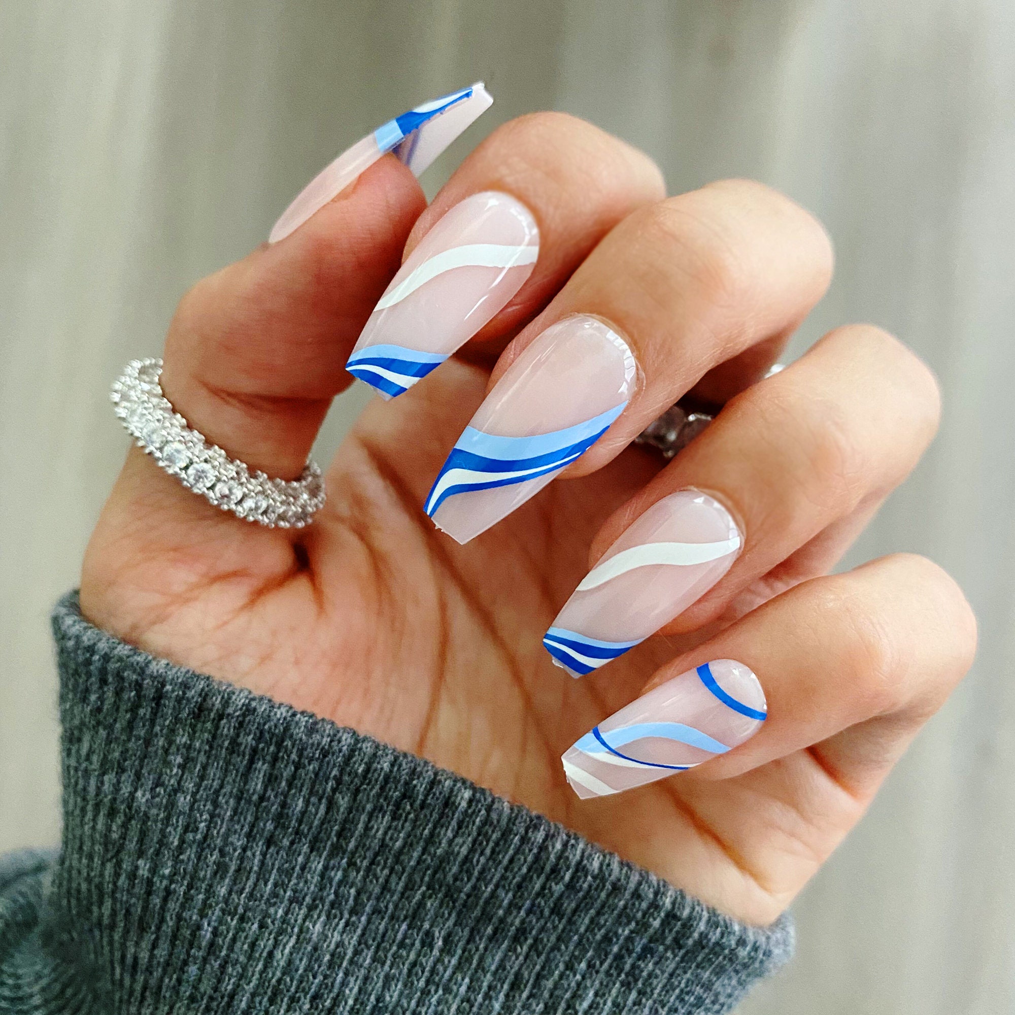 28 Pcs Blue Swirl Press on Nails Coffin Mid Coffin Nails - Etsy