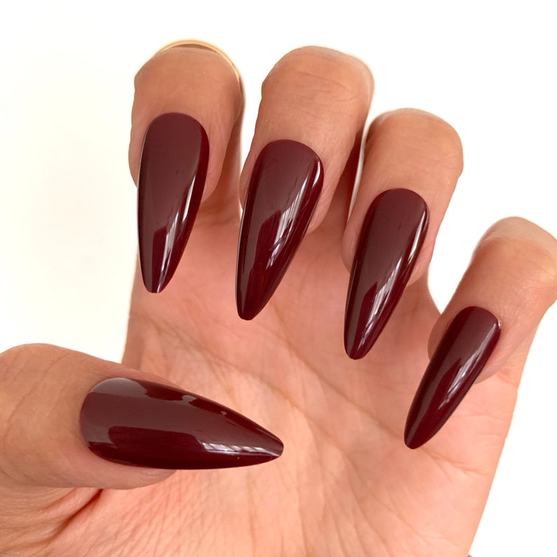 Maroon Medium Stiletto Glossy Press on Nails Fake False 24 Pc - Etsy