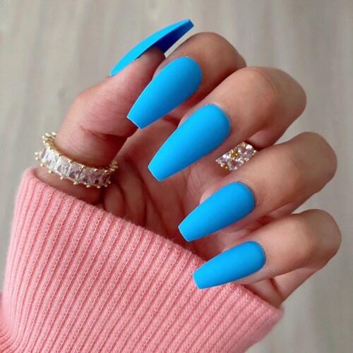 28 Pcs Blue Matte Press On Nails Coffin Mid Coffin Nails Etsy Sweden