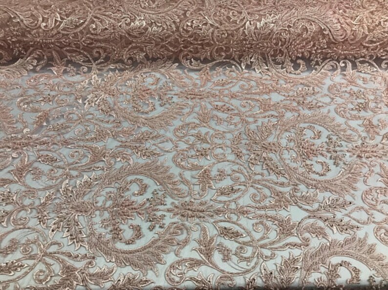 Free Shipping!!! Royal Damask Wings Heavy Beaded On Mesh Fabric By The Yard Used For Dress-Bridal-Fashion-Decor Peach