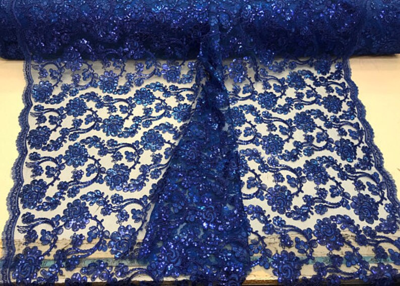 Dress-Bridal-Fashion Royal Blue Forbidden Flowers With Sequins Corded Lace On Mesh Fabric By The Yard Used For FREE SHIPPING!!!