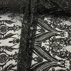 Kingdom Empire Sequins Stretch Power Mesh Fabric By The Yard Used For -Dress-Bridal-Decorations [Black] FREE SHIPPING!!!