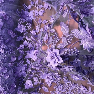 3D Embroidery Floral Stars Lace on Mesh Fabric With Pearls by the Yard ...