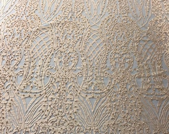 Antique Fashion Damask Lace On Mesh Fabric With Pearls By The Yard Used For -Dress-Bridal-Fashion-Apparel [Peach] main image 0