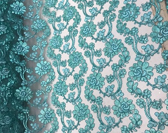 Forbidden Flowers With Sequins Corded Lace On Mesh Fabric By The Yard Used For -Dress-Bridal-Fashion [Aqua] FREE SHIPPING!!!