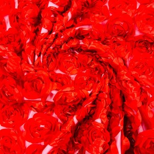 3D Rosette Embroidery Satin Rose Flowers Floral Mesh Fabric by the yard Red