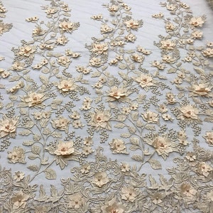 3D Embroidery Floral Stars Lace on Mesh Fabric With Pearls by the Yard ...