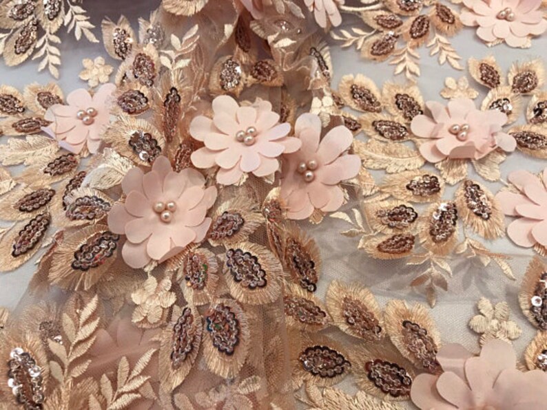 Dress-Bridal-Decorations 3D Dreamy Floral Pearl Lace Sequins On Mesh Fabric By The Yard Used For FREE SHIPPING!!! Peach Blush