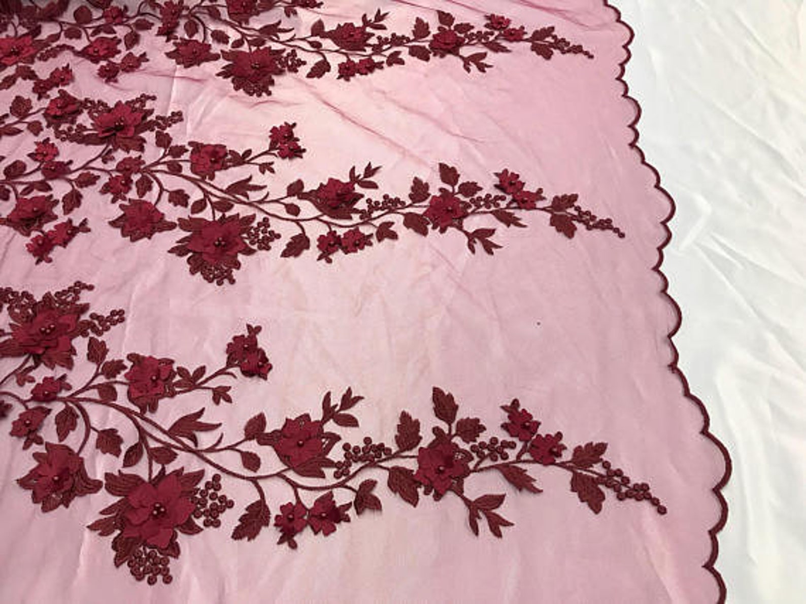 3D Embroidery Floral Stars Lace on Mesh Fabric With Pearls by the Yard ...