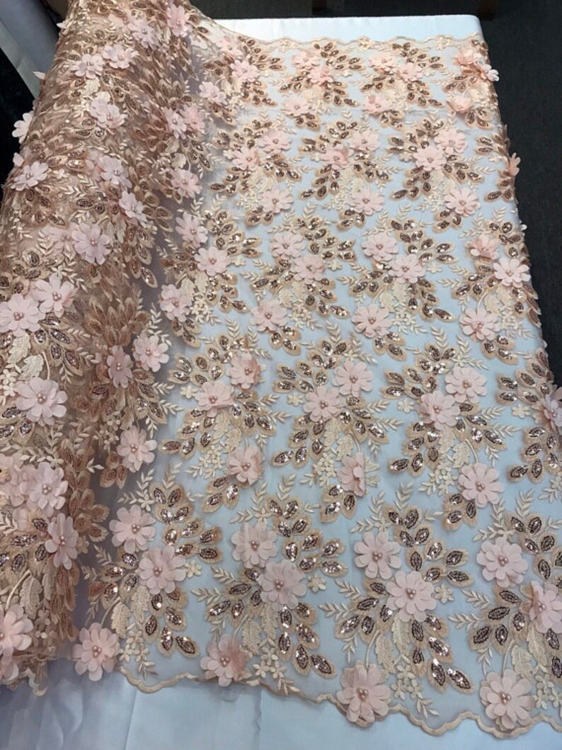 Dress-Bridal-Decorations 3D Dreamy Floral Pearl Lace Sequins On Mesh Fabric By The Yard Used For FREE SHIPPING!!! Peach Blush