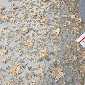 3D Embroidery Floral Stars Lace on Mesh Fabric With Pearls by the Yard ...