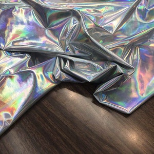 54&quot; Wide Faux Leather Vinyl 4 Way Stretch Spandex Dance Wear Fabric by The Yard (Silver, REFRACTIVE Hologram)