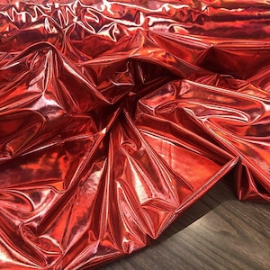 54&quot; Wide Faux Leather Vinyl 4 Way Stretch Spandex Dance Wear Fabric by The Yard (Red, REFRACTIVE Hologram)