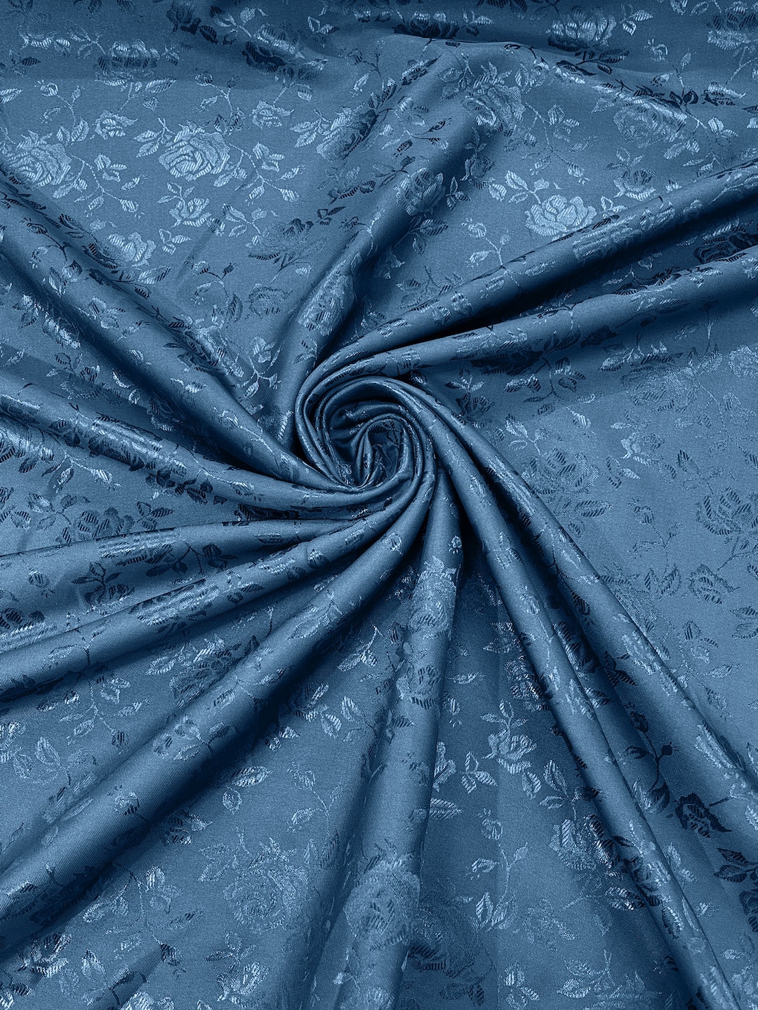 Coppen Blue Polyester Flower Brocade Jacquard Satin Fabric Sold by