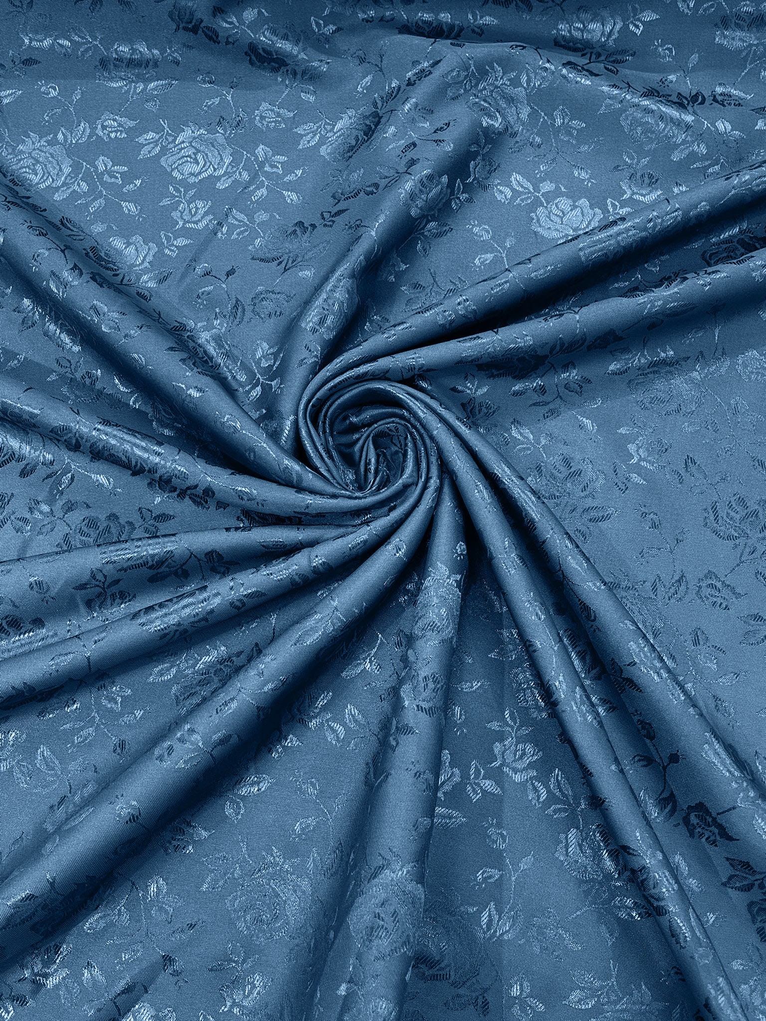 Coppen Blue Polyester Flower Brocade Jacquard Satin Fabric Sold by