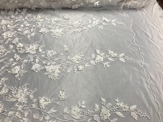 3D Embroidery Floral Stars Lace on Mesh Fabric With Pearls by the Yard ...