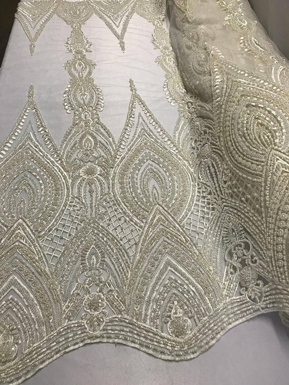 Geometric Diva Heavy Beaded On Mesh Fabric By The Yard Used For -Dress-Accessories-Bridal-Nightgown-Prom [White] main image 1