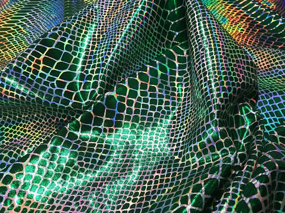 Holographic green scales Style☆PartⅡ☆ Chameleon Holographic Scales Nylon Spandex Fabric by the Yard Used