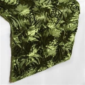 May include: Olive green table runner with a raised floral rose pattern. The fabric has a satin sheen, and the design creates a textured, dimensional effect. The runner is folded over a white surface.