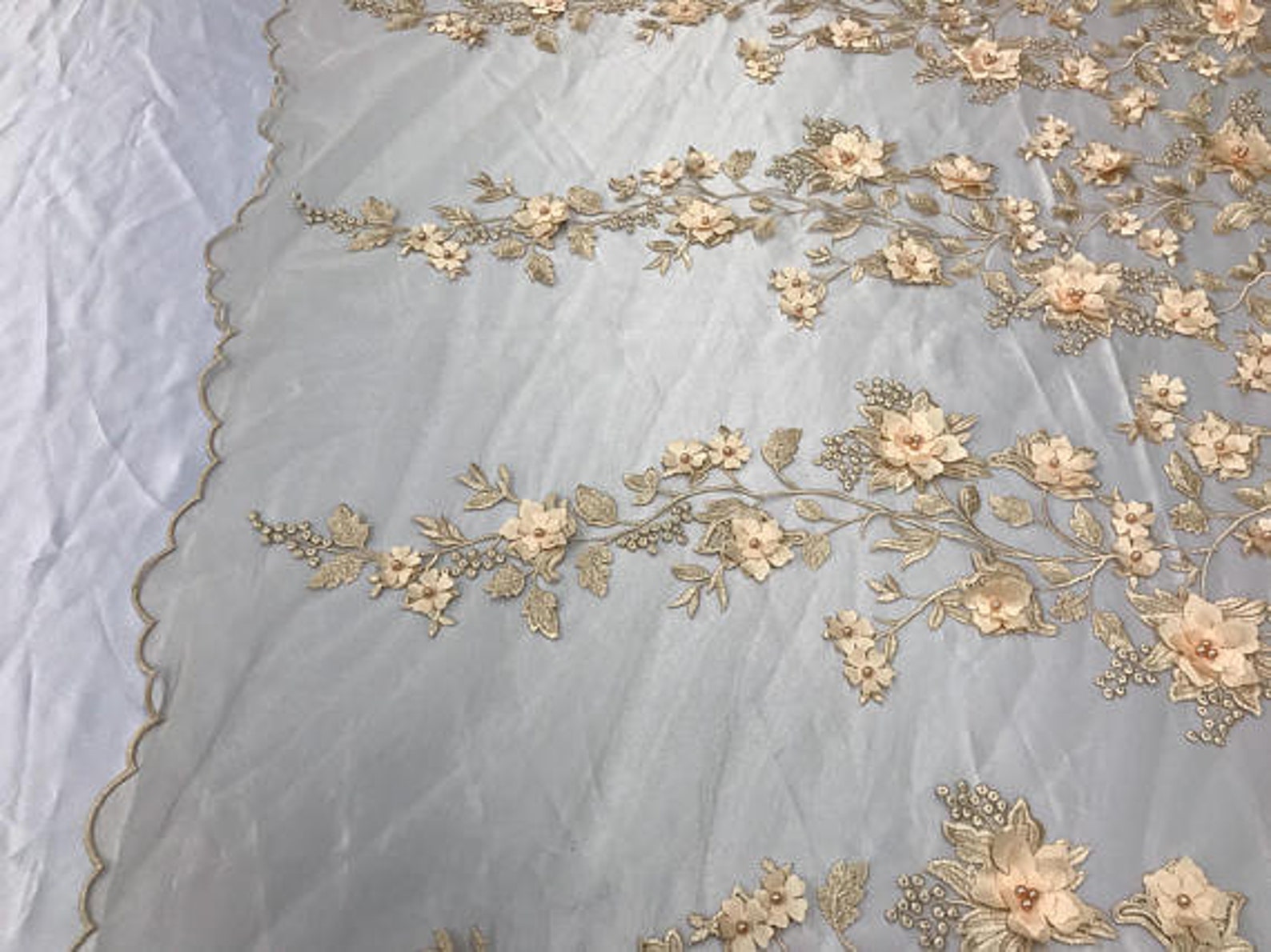 3D Embroidery Floral Stars Lace on Mesh Fabric With Pearls by the Yard ...