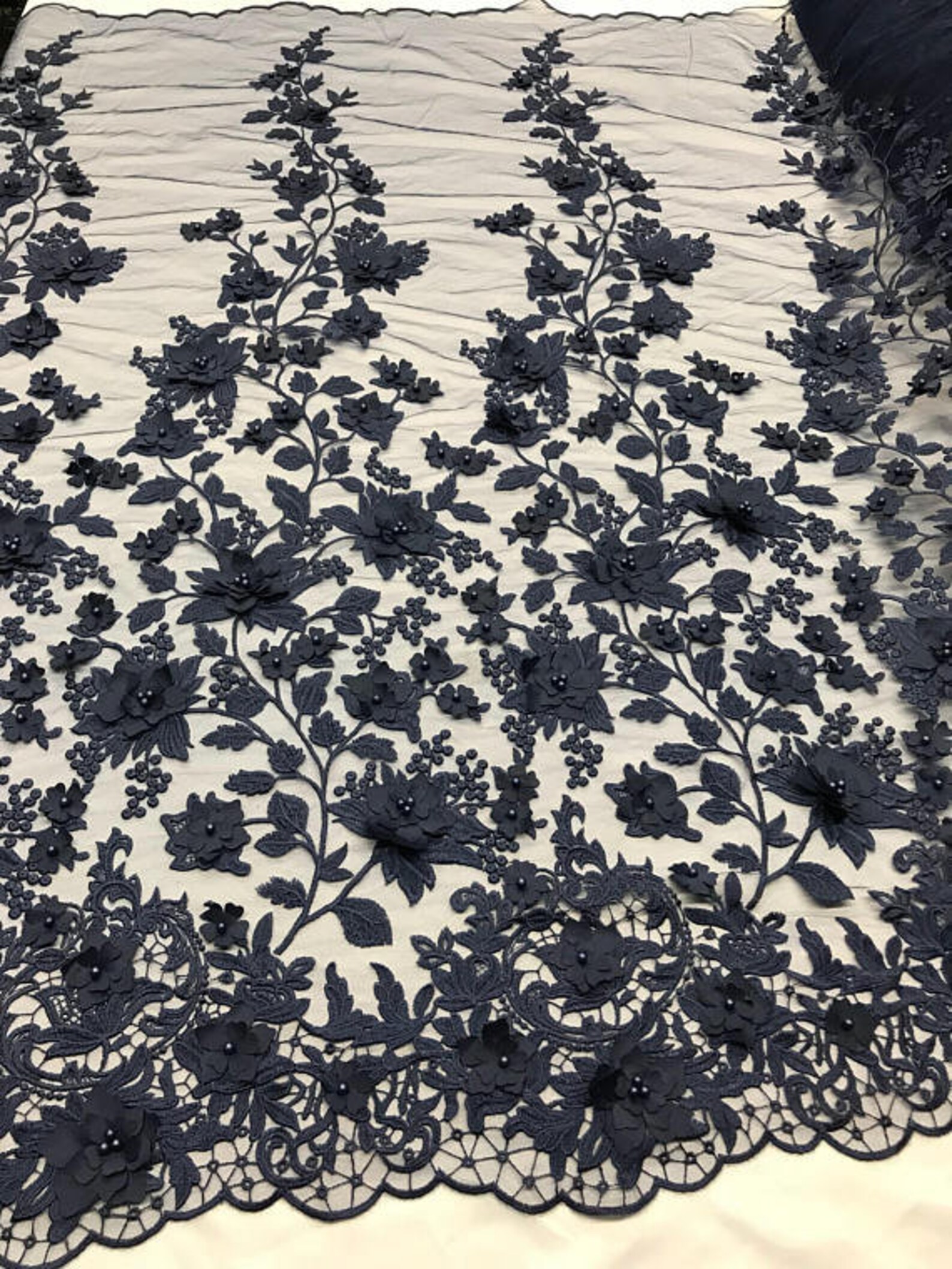 3D Embroidery Floral Stars Lace on Mesh Fabric With Pearls by the Yard ...