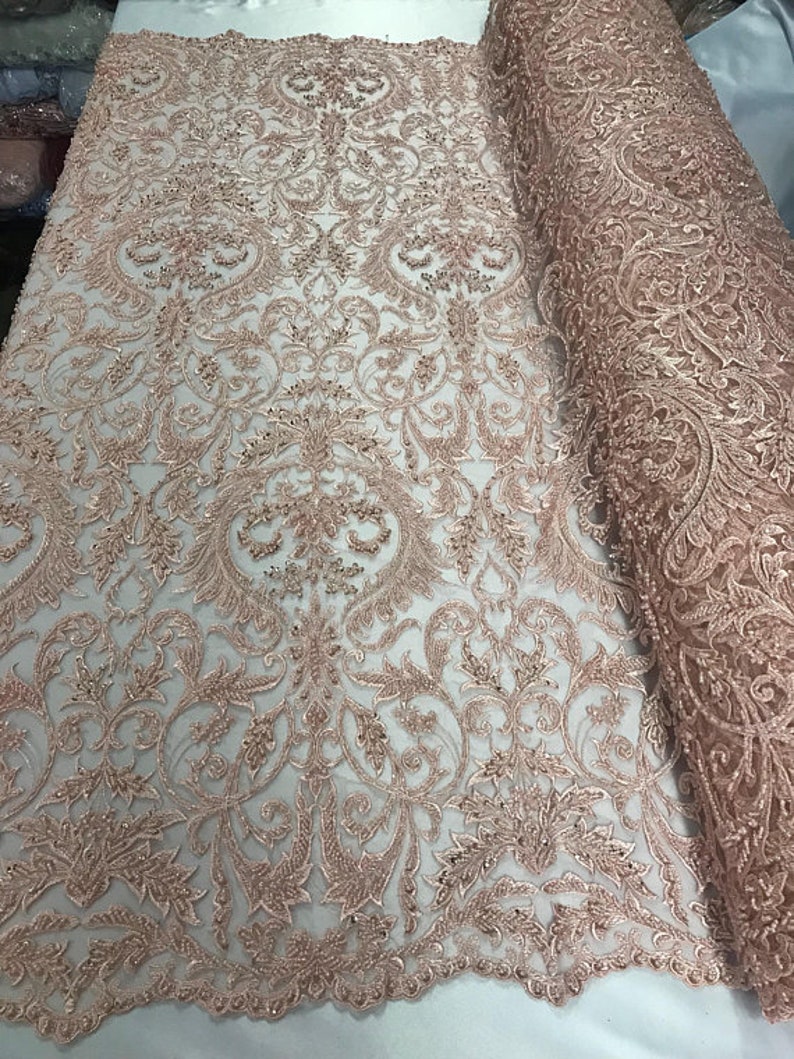 Free Shipping!!! Royal Damask Wings Heavy Beaded On Mesh Fabric By The Yard Used For Dress-Bridal-Fashion-Decor Peach