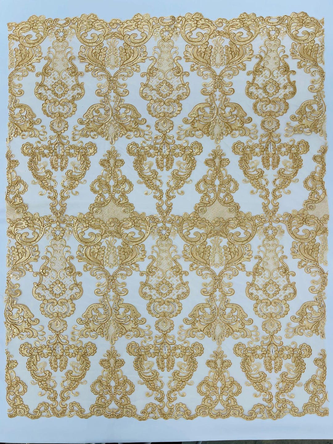 New Empire damask design with sequins embroider on a 4 way stretch mesh fabric-sold by the yard. Red