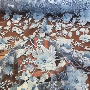 3D Embroidery Floral Stars Lace on Mesh Fabric With Pearls by the Yard ...