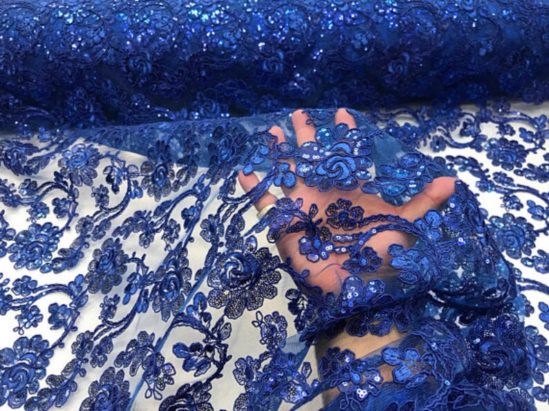 Dress-Bridal-Fashion Royal Blue Forbidden Flowers With Sequins Corded Lace On Mesh Fabric By The Yard Used For FREE SHIPPING!!!