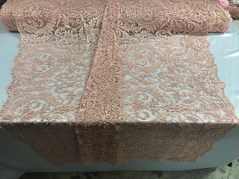 Free Shipping!!! Royal Damask Wings Heavy Beaded On Mesh Fabric By The Yard Used For Dress-Bridal-Fashion-Decor Peach